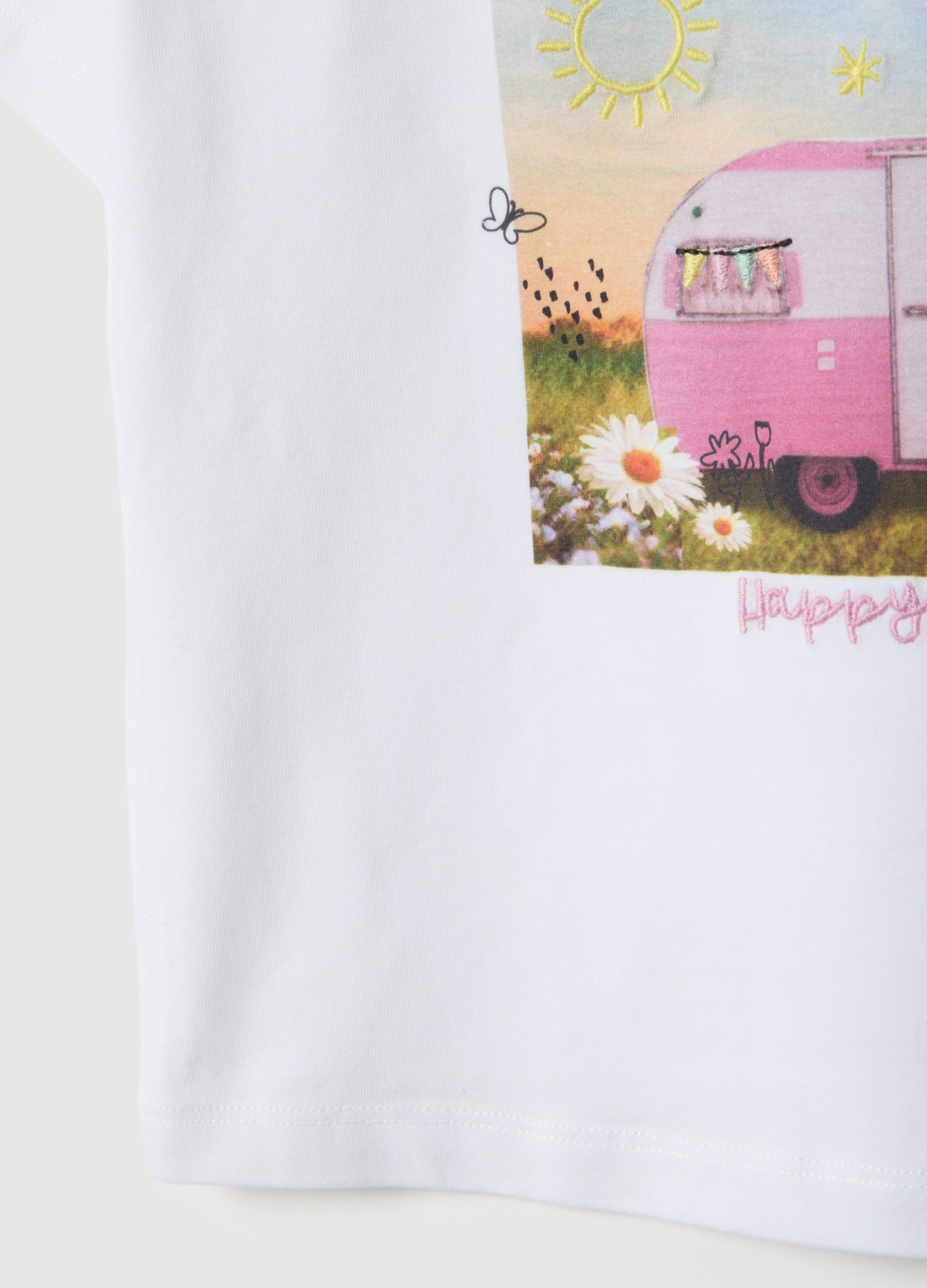 OVS White Stretch Cotton Girl'S T-Shirt, Regular Fit With Print