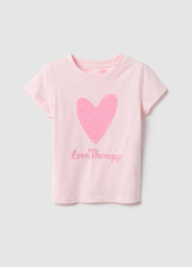 Ovs Pink Stretch Cotton T-Shirt Regular Fit With Heart For Girls