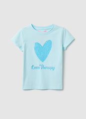 Ovs Blue Stretch Cotton Regular Fit Heart T-Shirt For Girls