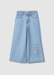 Ovs Girl'S Blue Wide Leg Cotton Jeans With Embroidery