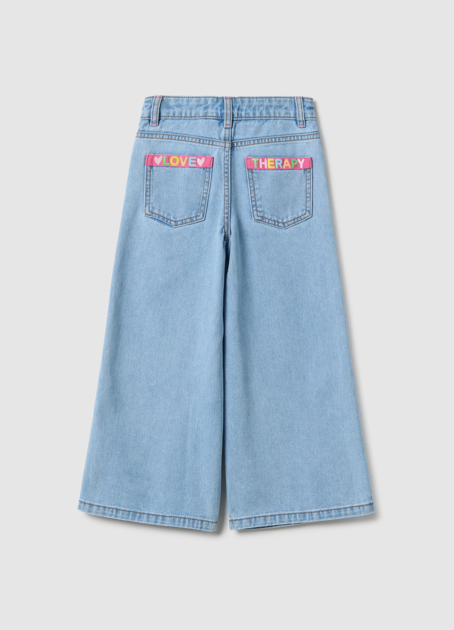 Ovs Girl'S Blue Wide Leg Cotton Jeans With Embroidery