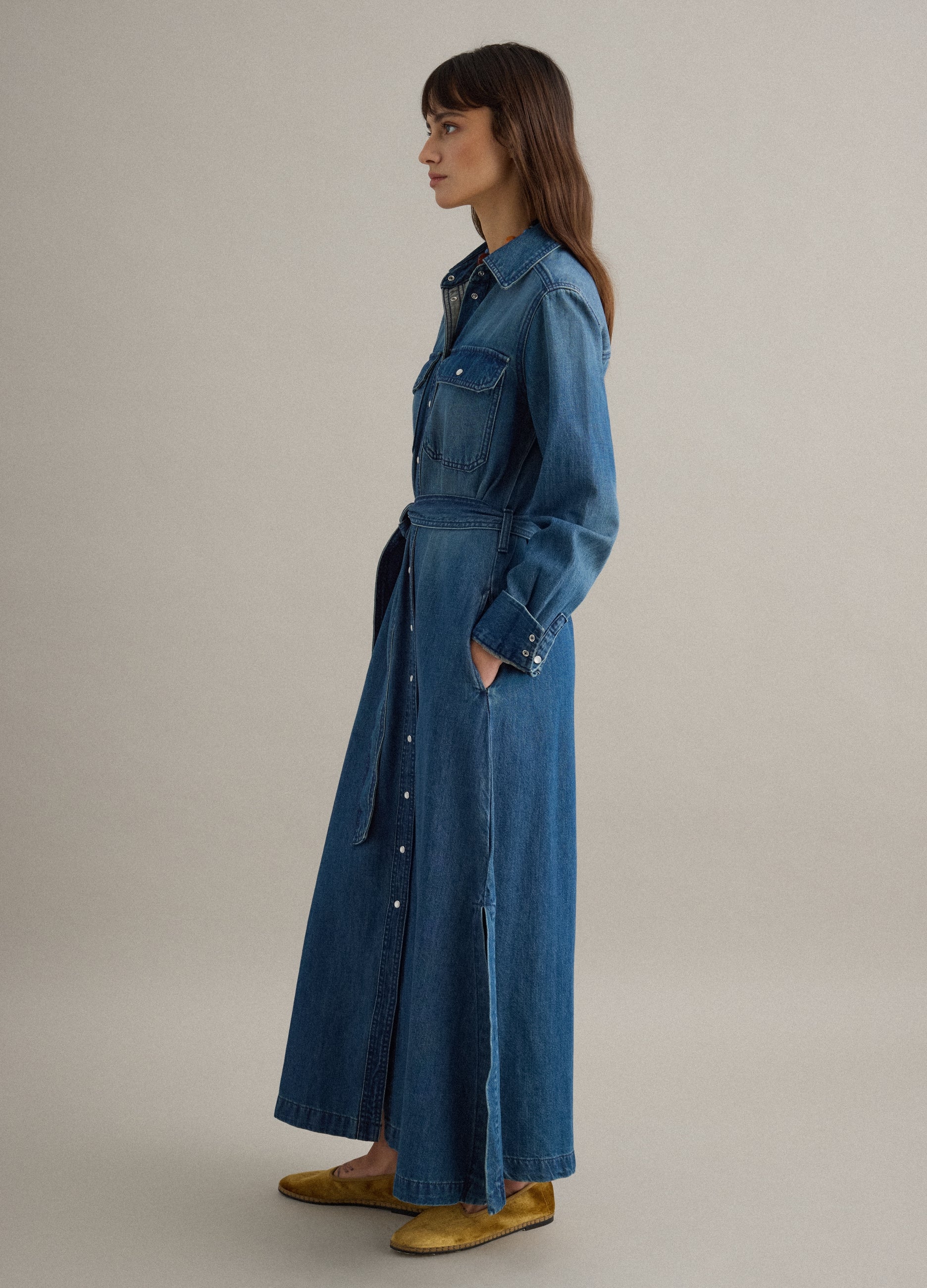 OVS Long Dress In Pure Blue Denim Cotton Regular Fit