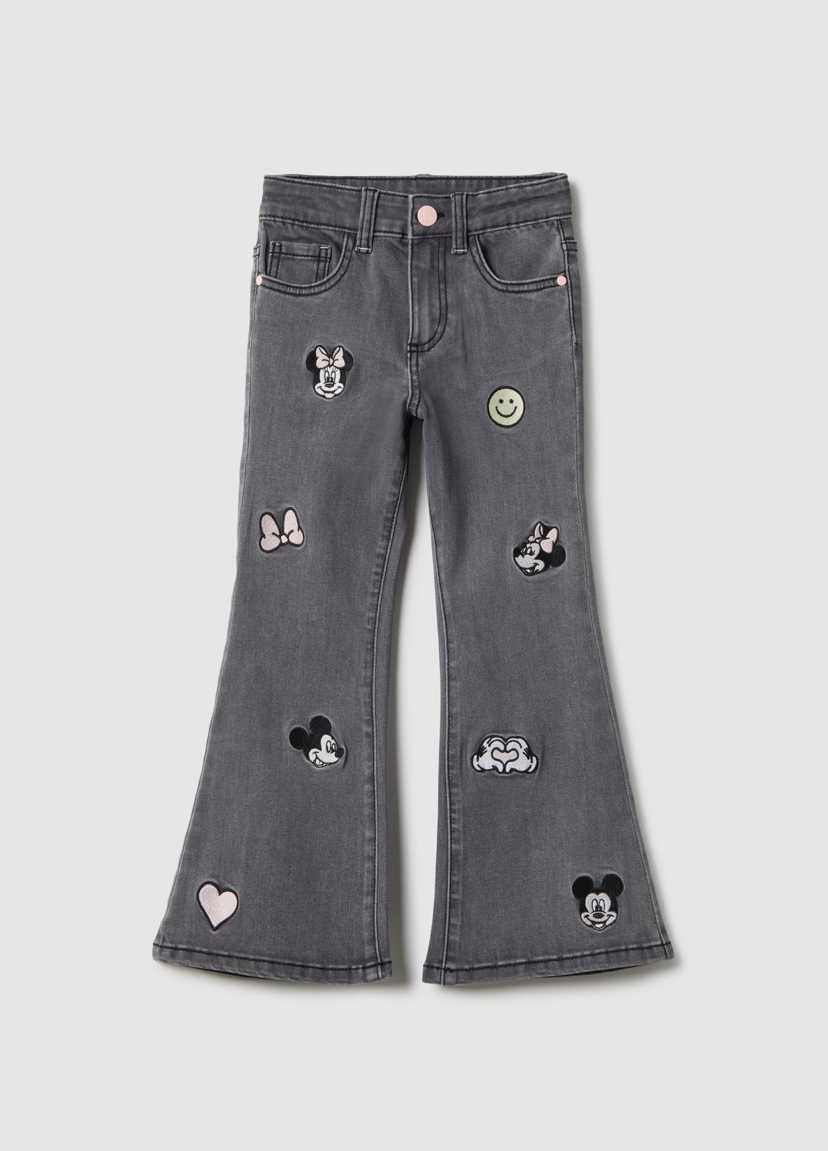 Ovs Grey Cotton Blend Flare Jeans For Girls With Minnie Prints