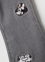 Ovs Grey Cotton Blend Flare Jeans For Girls With Minnie Prints