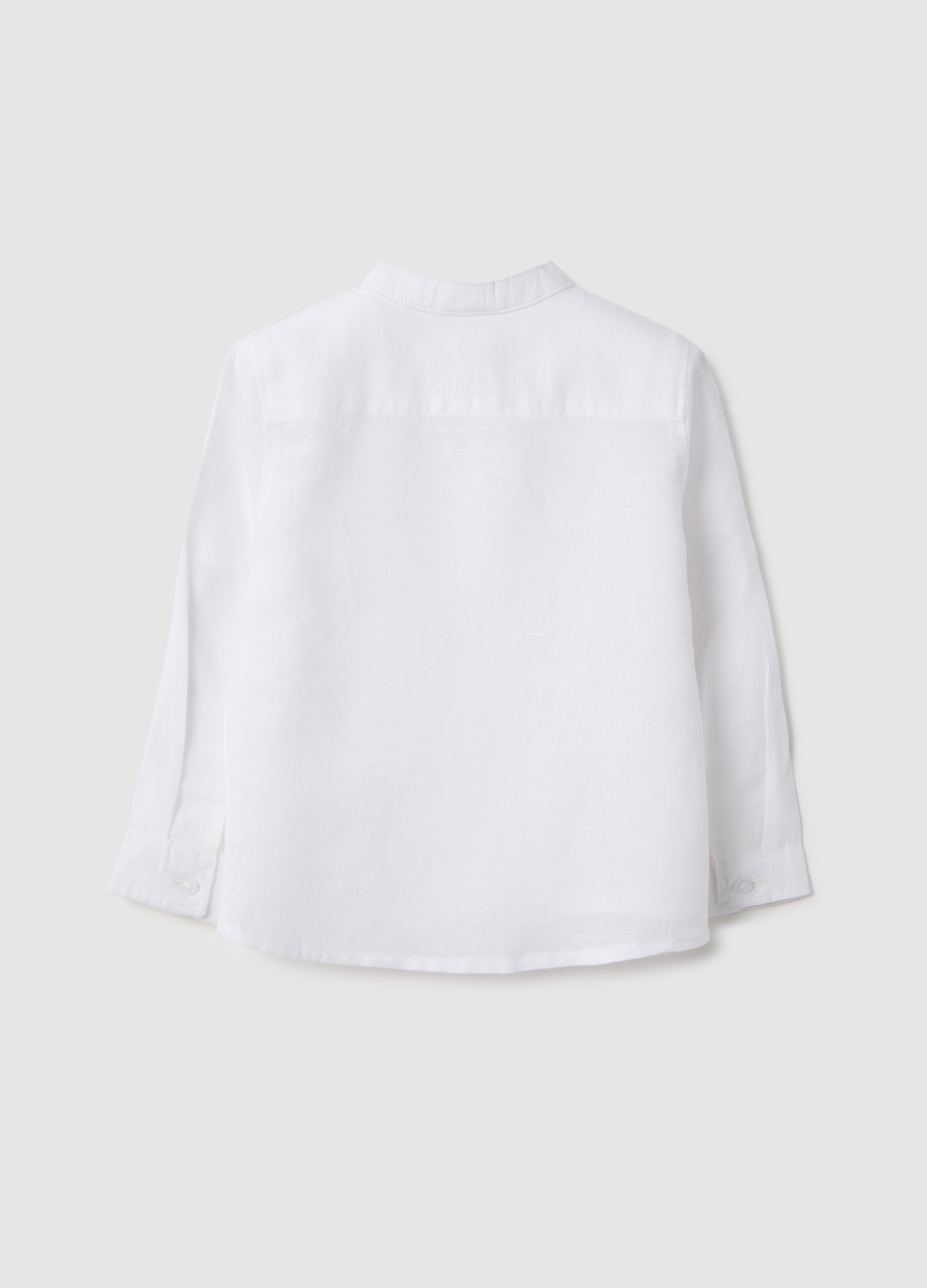Ovs White Linen And Cotton Baby Shirt Regular Fit With Mandarin Collar