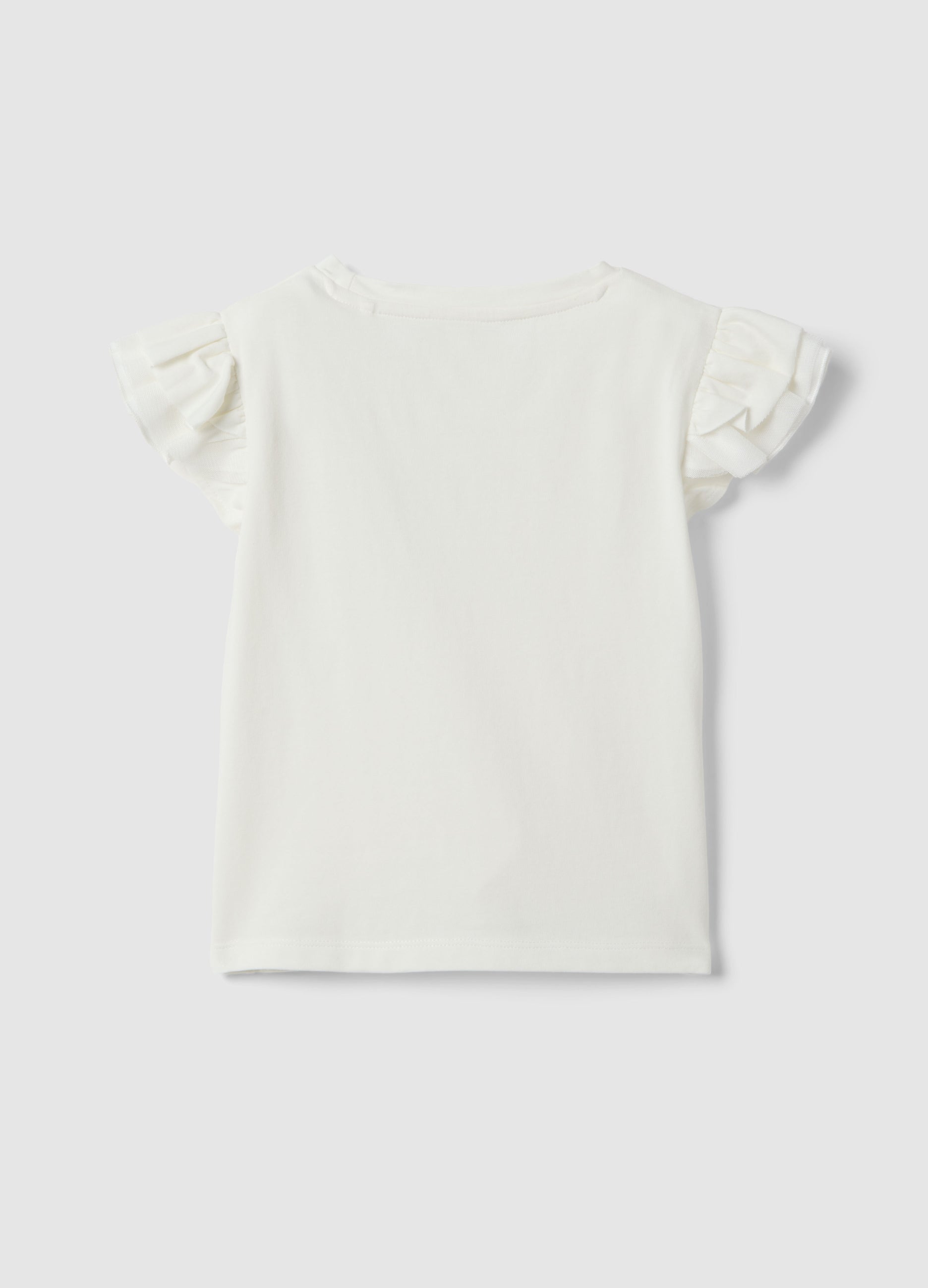 Ovs White Stretch Cotton T-Shirt With Frills For Girls