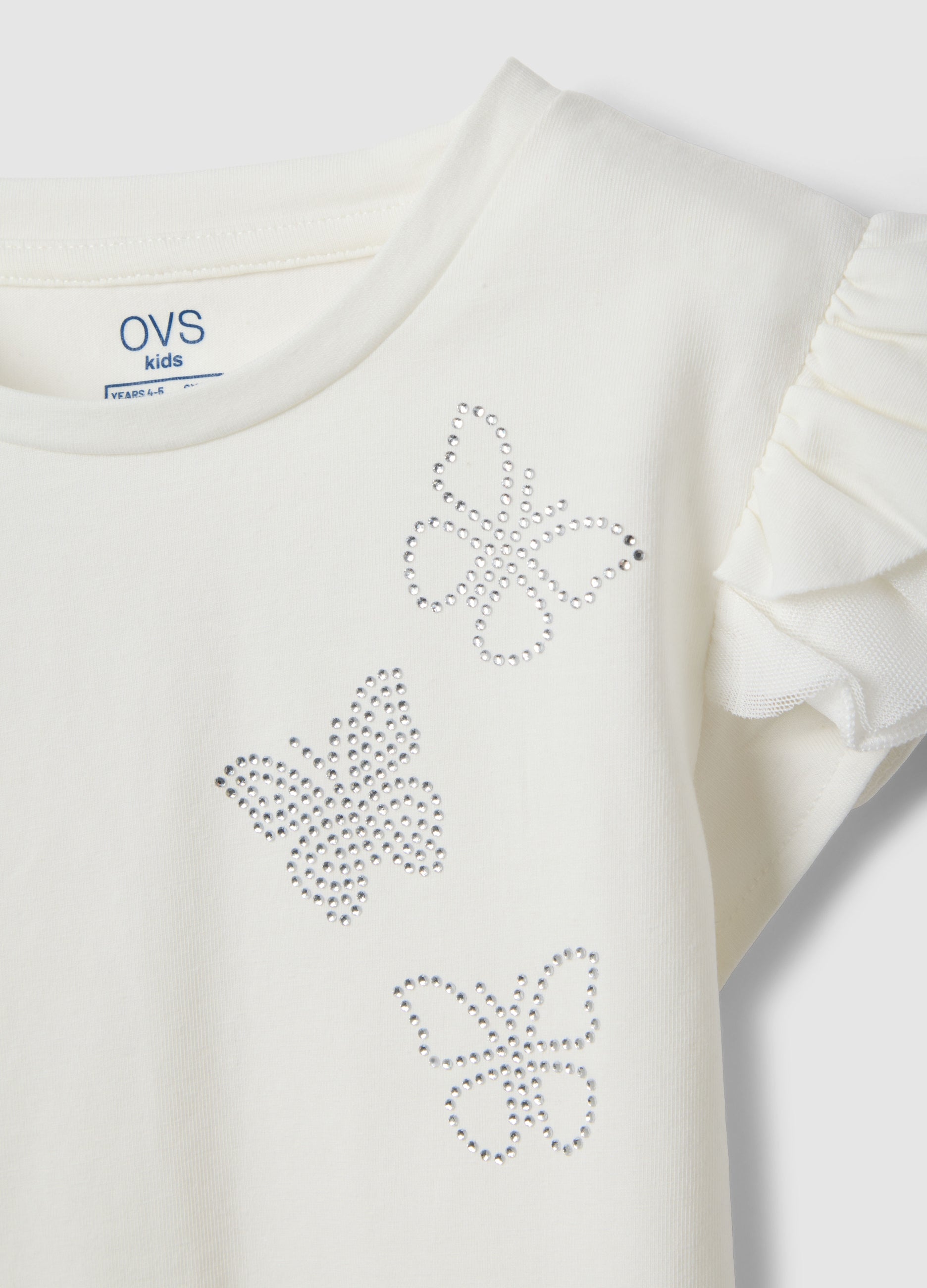 Ovs White Stretch Cotton T-Shirt With Frills For Girls