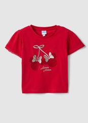 Ovs Red Stretch Cotton Children'S T-Shirt With Minnie Mouse Decoration