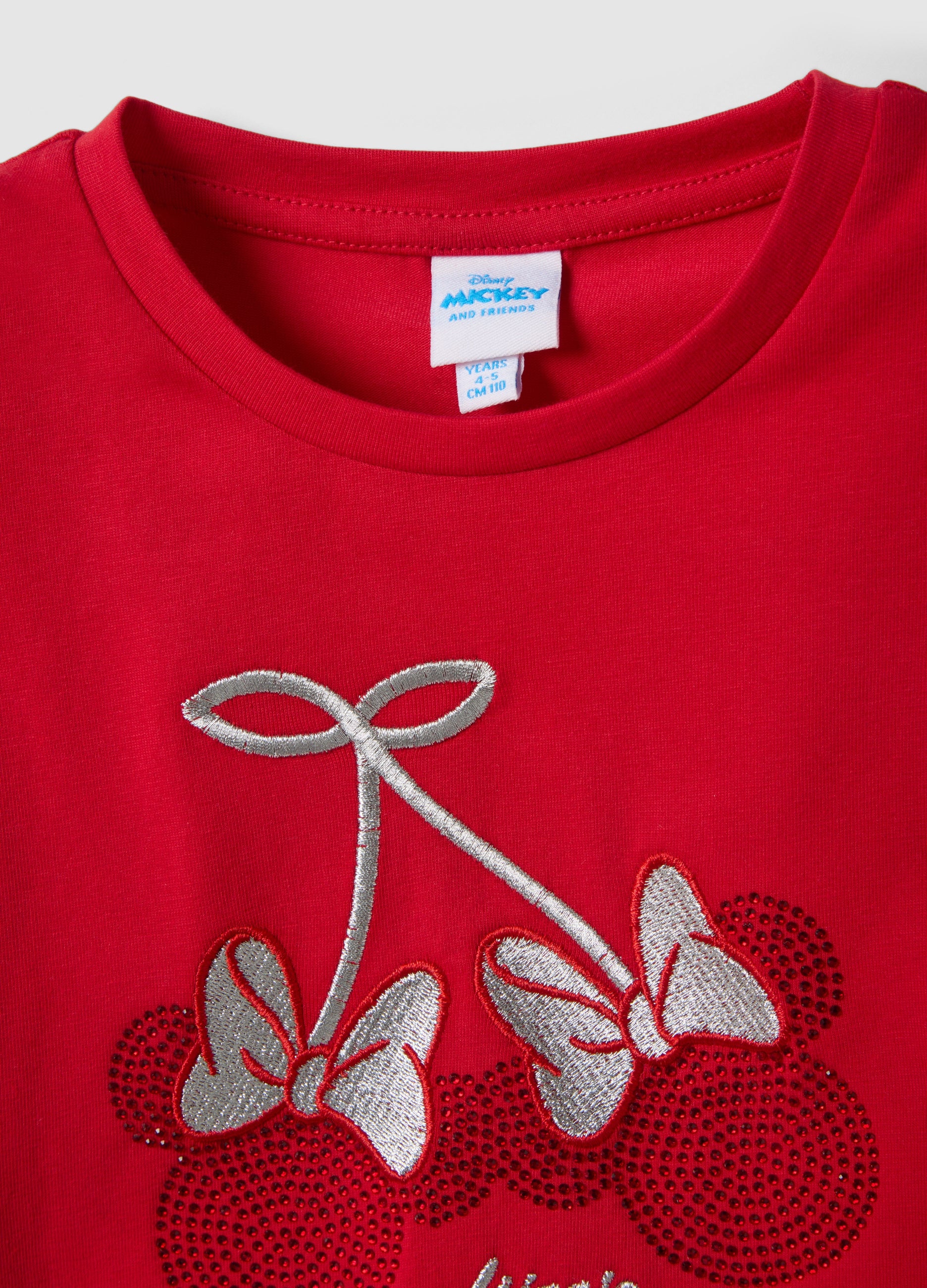 Ovs Red Stretch Cotton Children'S T-Shirt With Minnie Mouse Decoration