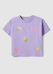 OVS Girls' Regular Fit Purple Stretch Cotton T-Shirt With Embroidery