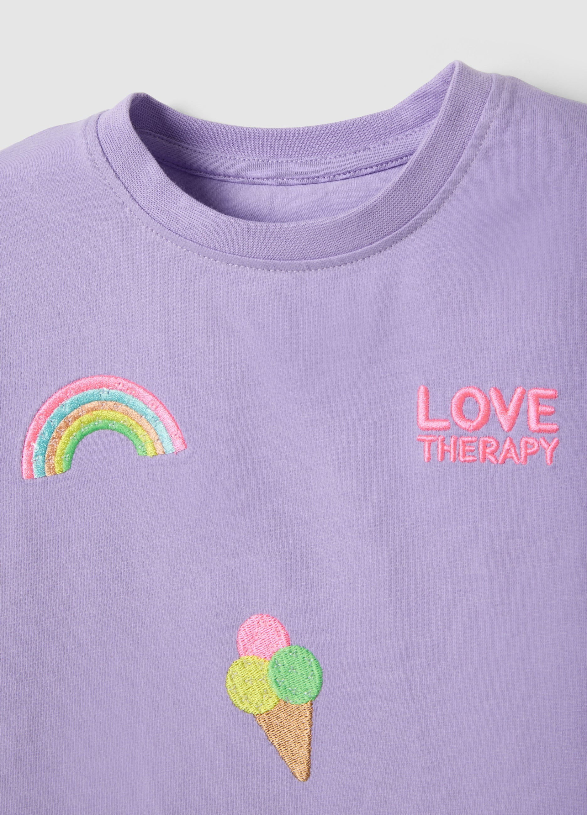 OVS Girls' Regular Fit Purple Stretch Cotton T-Shirt With Embroidery