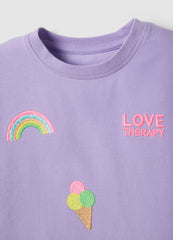 OVS Girls' Regular Fit Purple Stretch Cotton T-Shirt With Embroidery