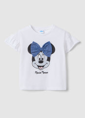Ovs White Stretch Cotton T-Shirt With Minnie Print For Girls