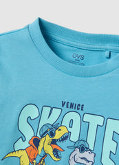 Ovs Boys' Pure Cotton Oversized Blue T-Shirt With Dinosaurs