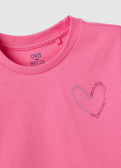 Ovs Girls' Pink Pure Cotton Boxy Fit T-Shirt With Heart