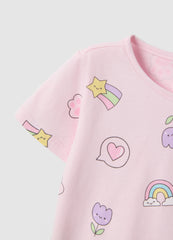 Ovs Girls' Regular Fit Pink Pure Cotton T-Shirt With Designs