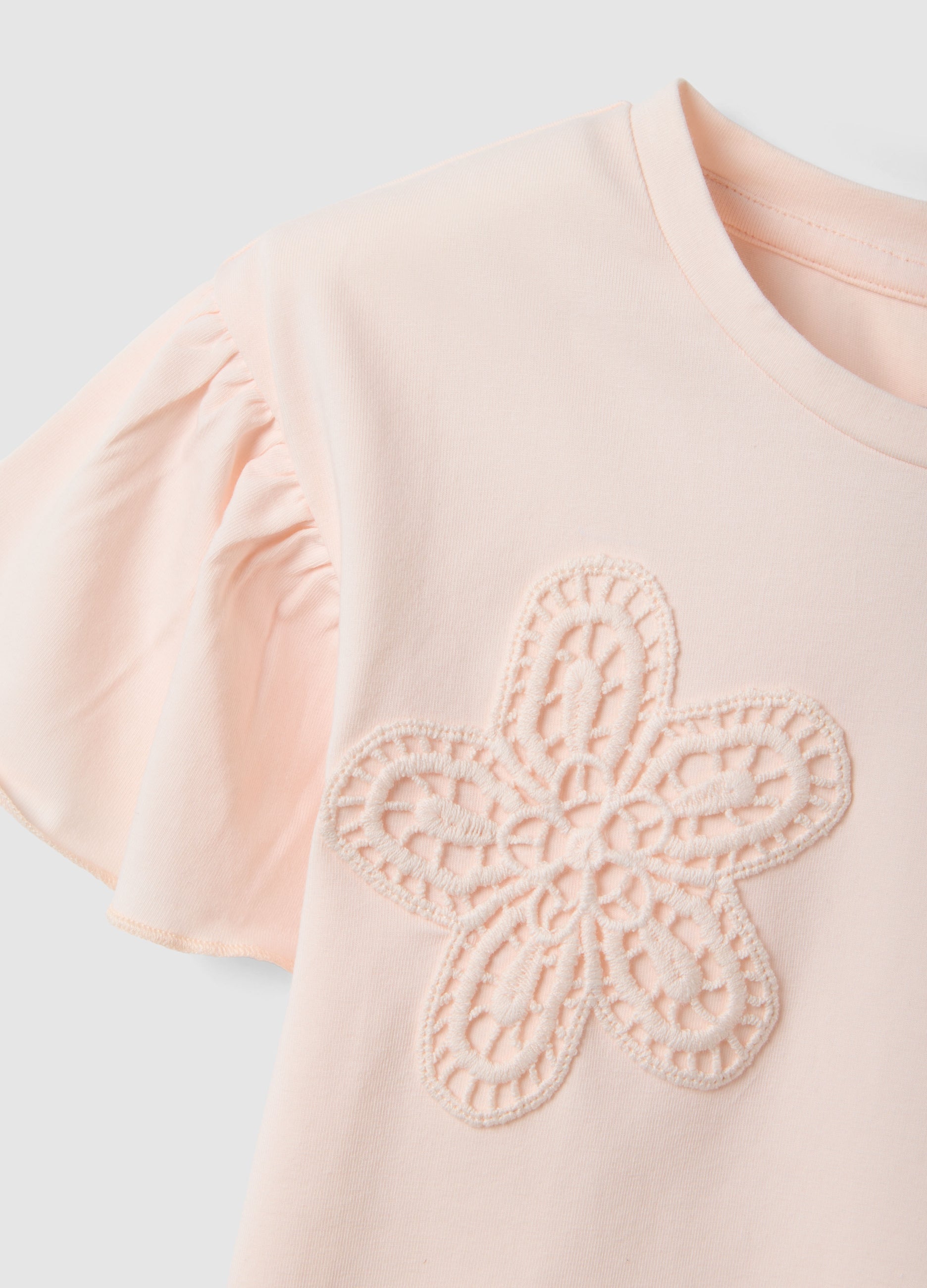 OVS Girls' Pink Stretch Cotton T-Shirt With Floral Embroidery