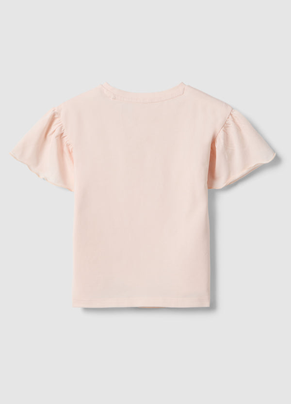 OVS Girls' Pink Stretch Cotton T-Shirt With Floral Embroidery