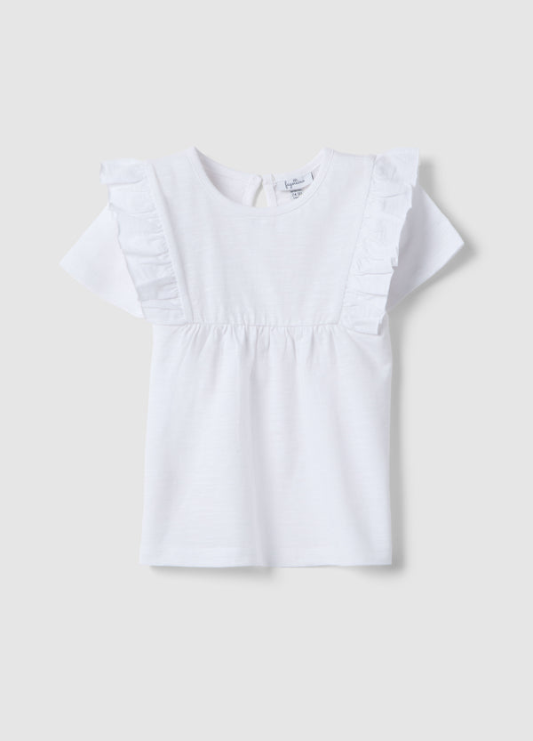 OVS Girls White Pure Cotton T-Shirt, Regular Fit, With Ruffle Sleeves