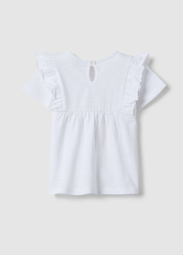 OVS Girls White Pure Cotton T-Shirt, Regular Fit, With Ruffle Sleeves