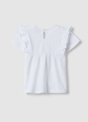 OVS Girls White Pure Cotton T-Shirt, Regular Fit, With Ruffle Sleeves