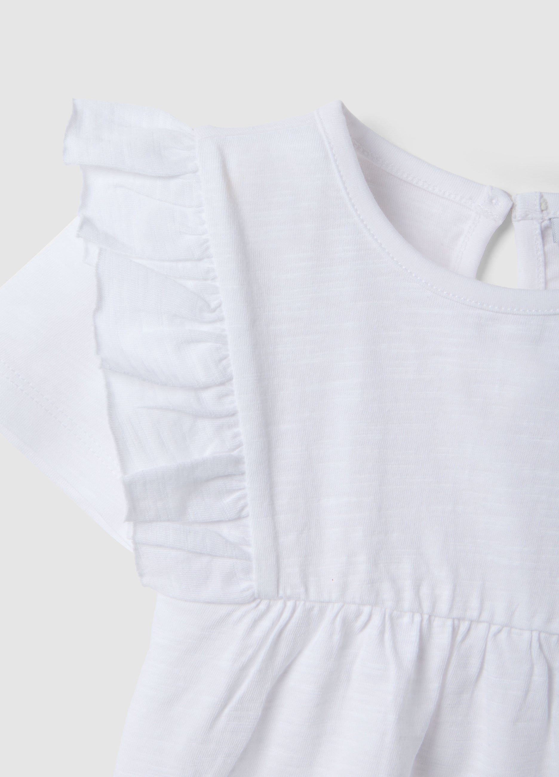 OVS Girls White Pure Cotton T-Shirt, Regular Fit, With Ruffle Sleeves