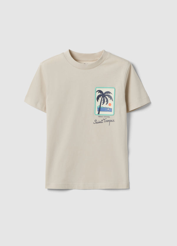 OVS Children'S Beige Pure Cotton T-Shirt, Regular Fit With Palm Print