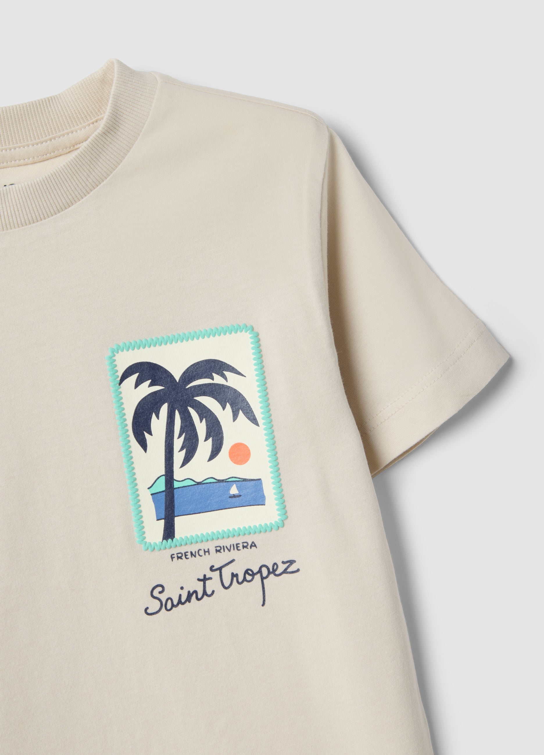 OVS Children'S Beige Pure Cotton T-Shirt, Regular Fit With Palm Print