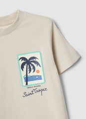 OVS Children'S Beige Pure Cotton T-Shirt, Regular Fit With Palm Print