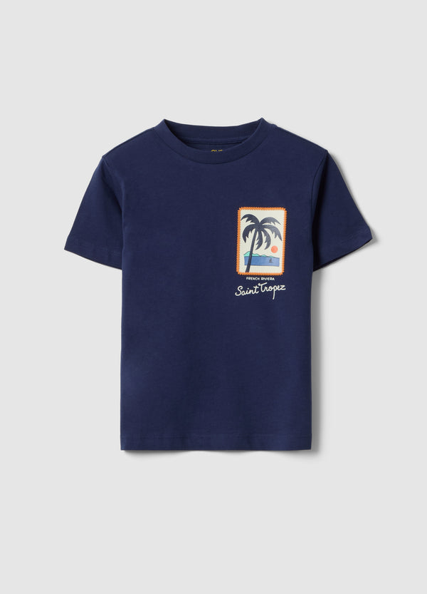 OVS Boys' Regular Fit Blue Pure Cotton T-Shirt With Palm Print