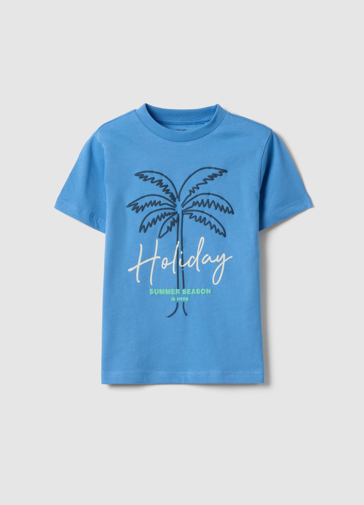 OVS Blue Cotton Boys' Regular Fit T-Shirt With Palm Print