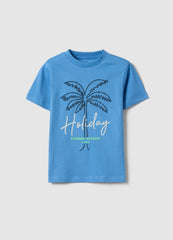 OVS Blue Cotton Boys' Regular Fit T-Shirt With Palm Print