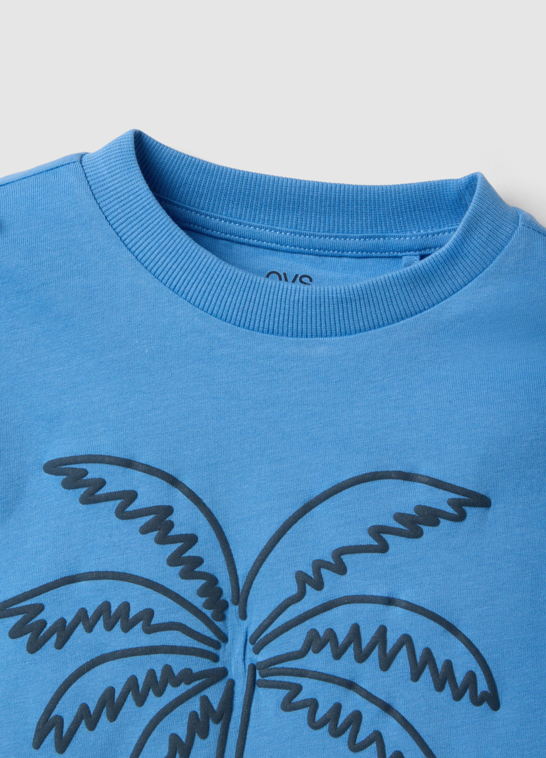 OVS Blue Cotton Boys' Regular Fit T-Shirt With Palm Print