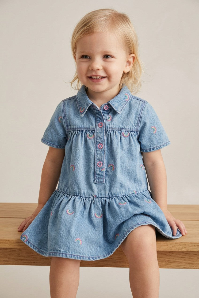 OVS Blue Denim Cotton Blend Dress For Girls With Rainbows