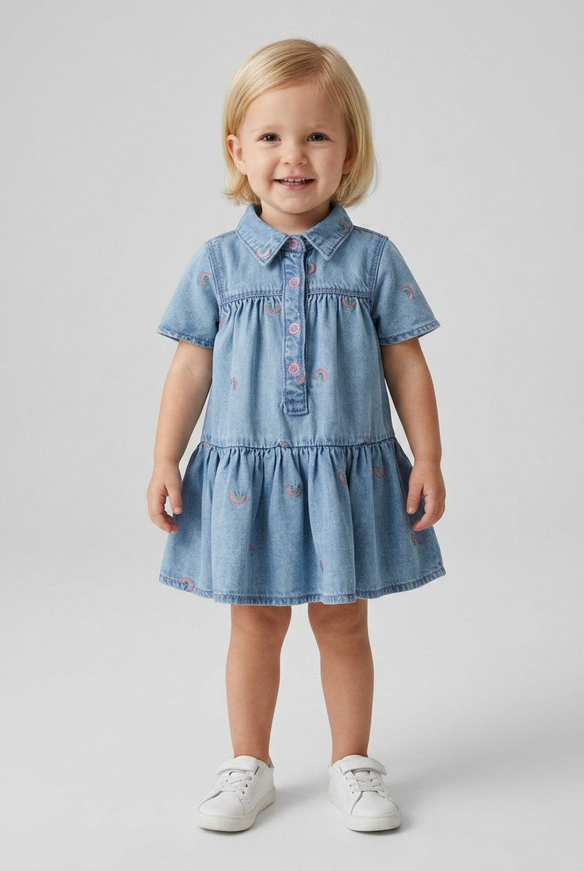 OVS Blue Denim Cotton Blend Dress For Girls With Rainbows