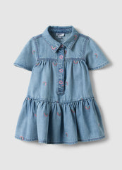 OVS Blue Denim Cotton Blend Dress For Girls With Rainbows