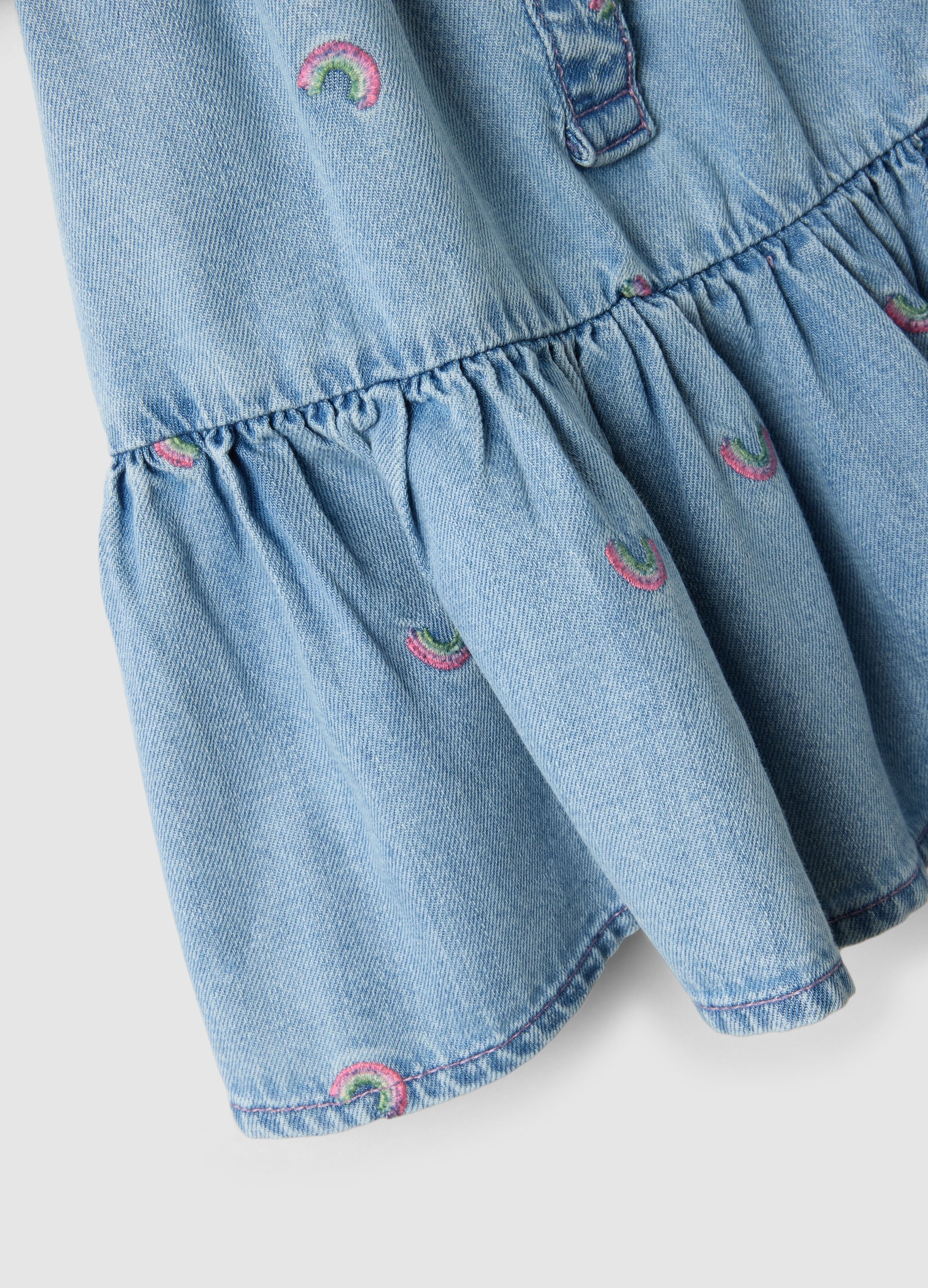 OVS Blue Denim Cotton Blend Dress For Girls With Rainbows