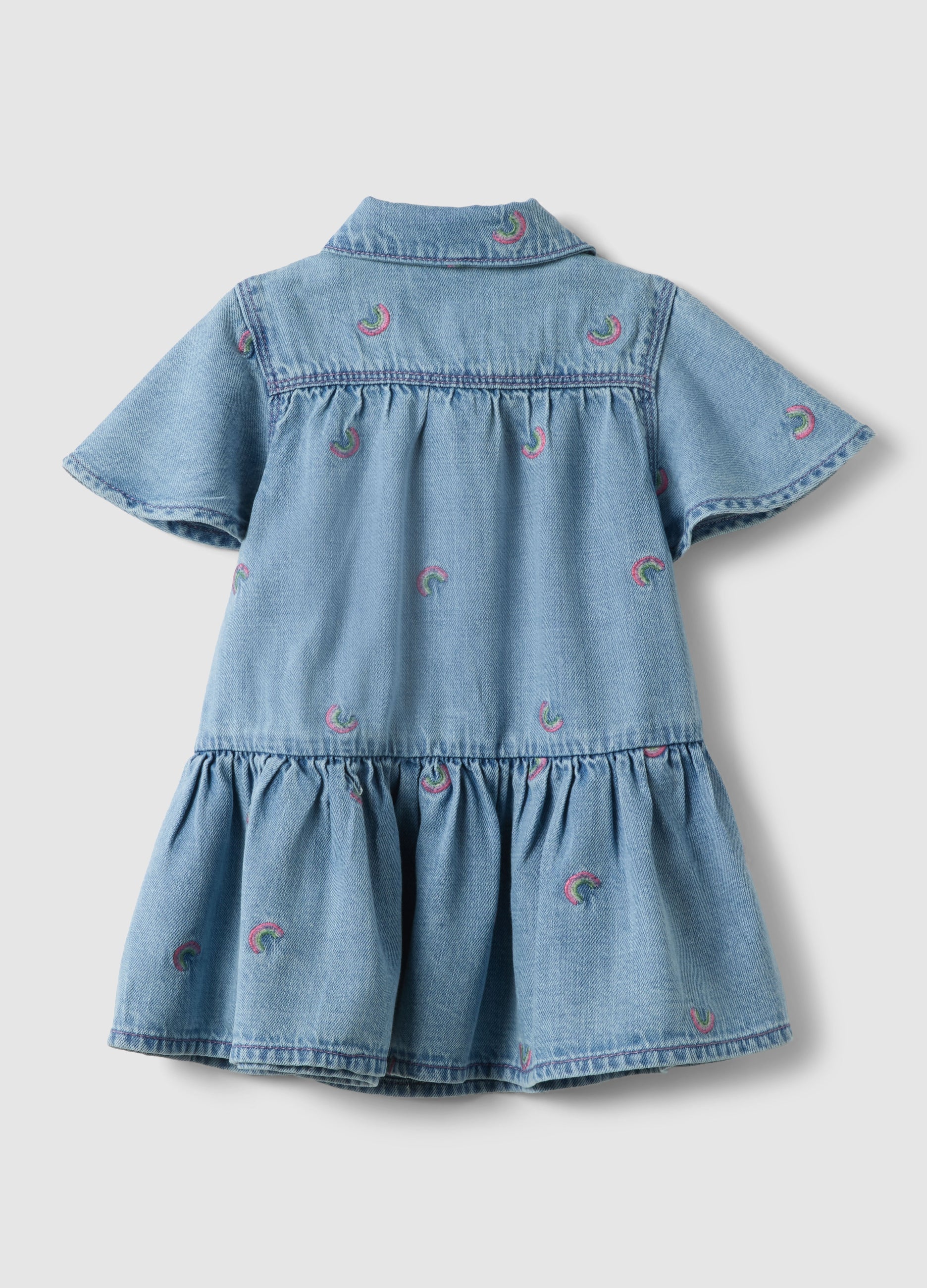 OVS Blue Denim Cotton Blend Dress For Girls With Rainbows