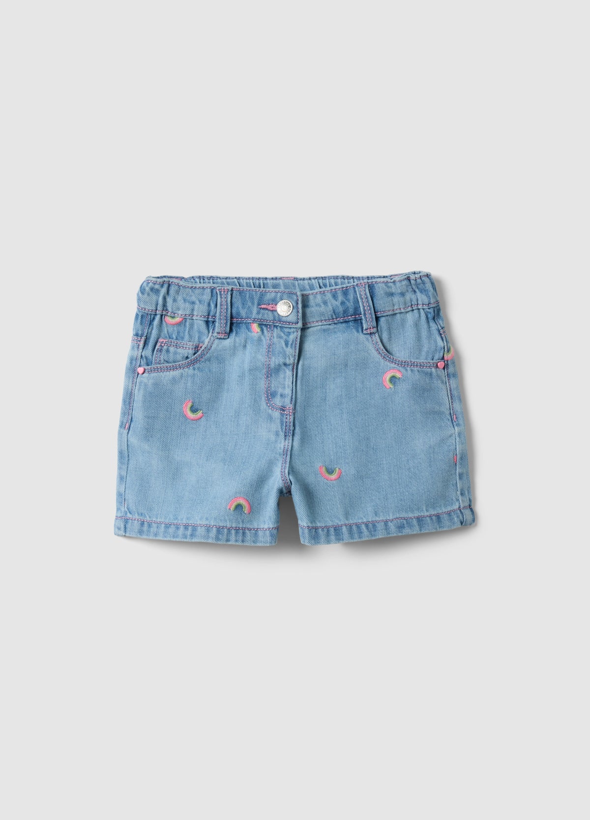 Ovs Blue Denim Cotton Blend Shorts For Girls, Regular Fit, With Embroidery
