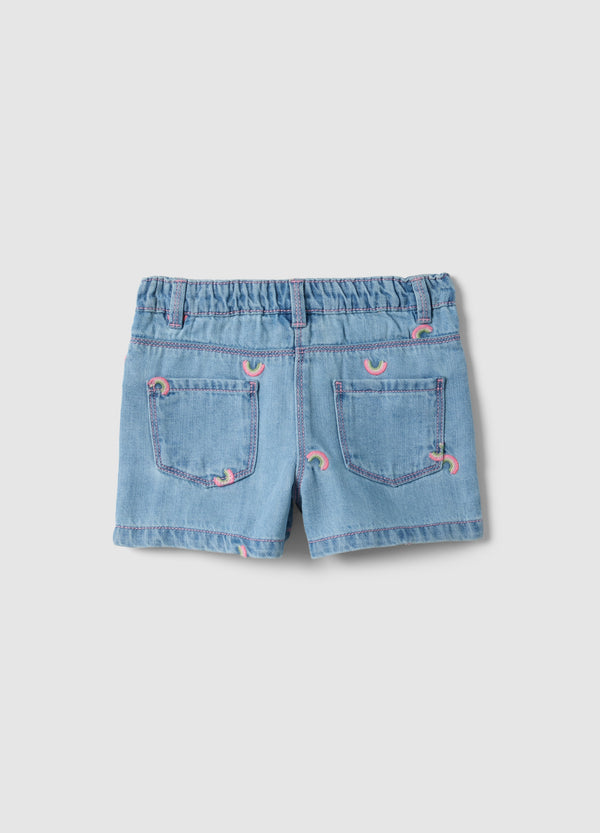 Ovs Blue Denim Cotton Blend Shorts For Girls, Regular Fit, With Embroidery