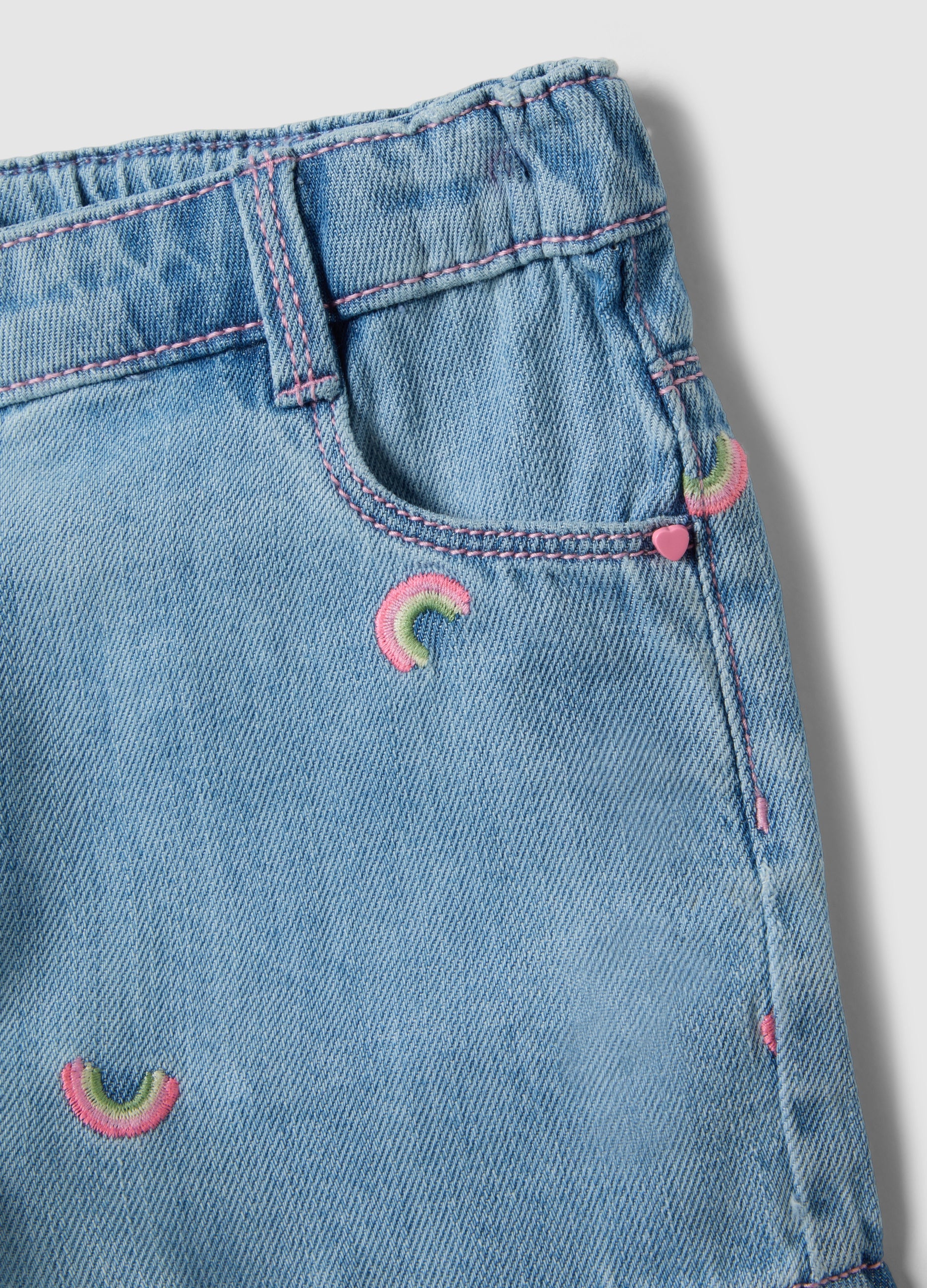 Ovs Blue Denim Cotton Blend Shorts For Girls, Regular Fit, With Embroidery