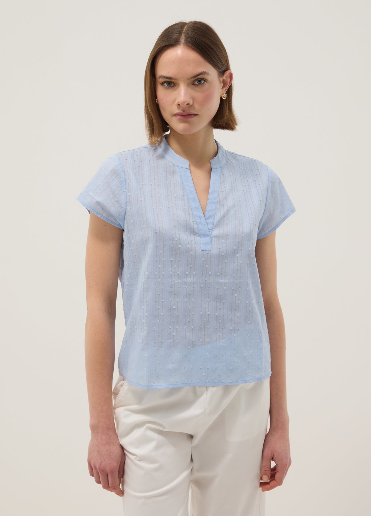 OVS Light Blue Pure Cotton Regular Fit Deep V Shirt With Transparency
