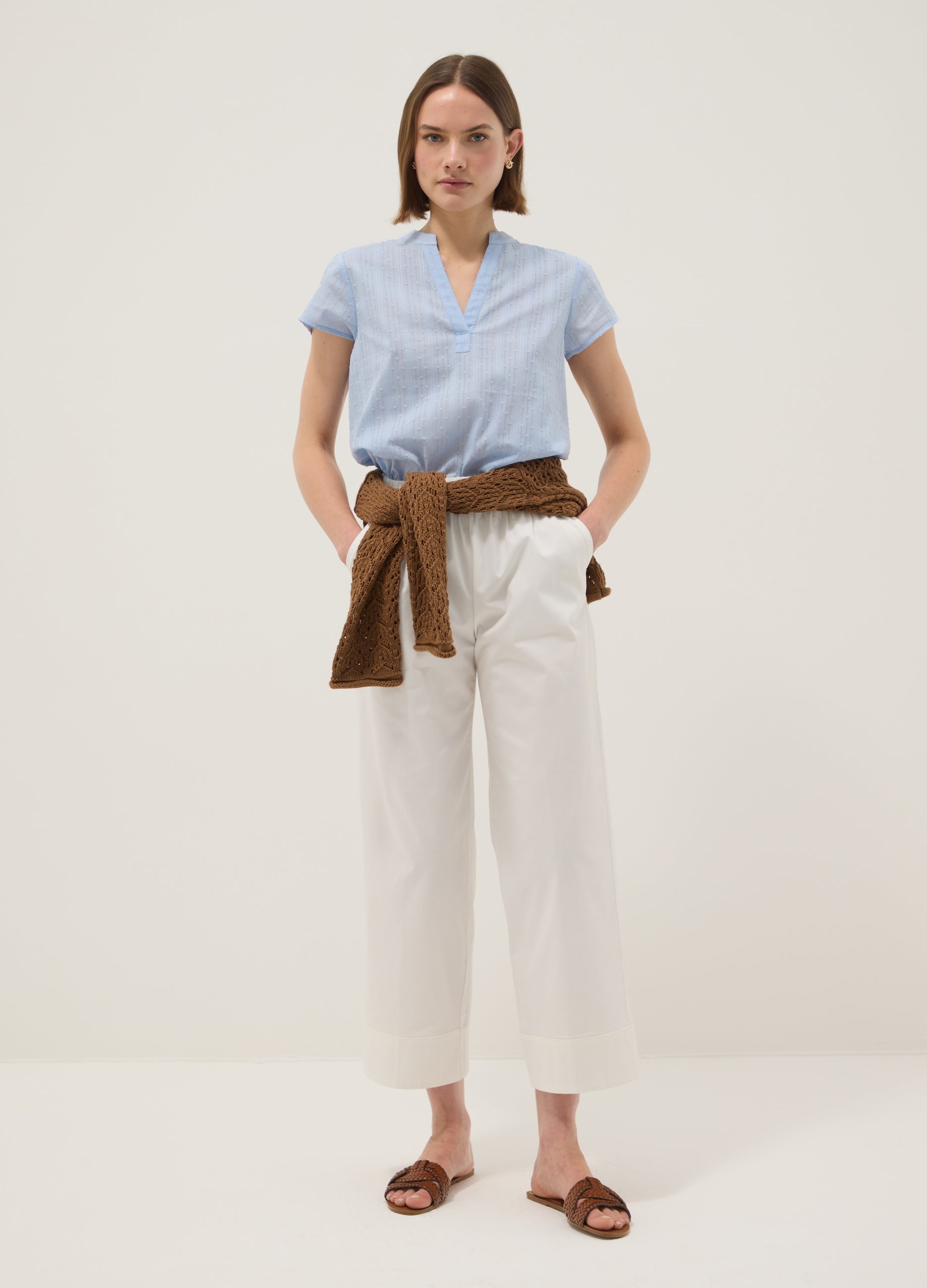OVS Light Blue Pure Cotton Regular Fit Deep V Shirt With Transparency