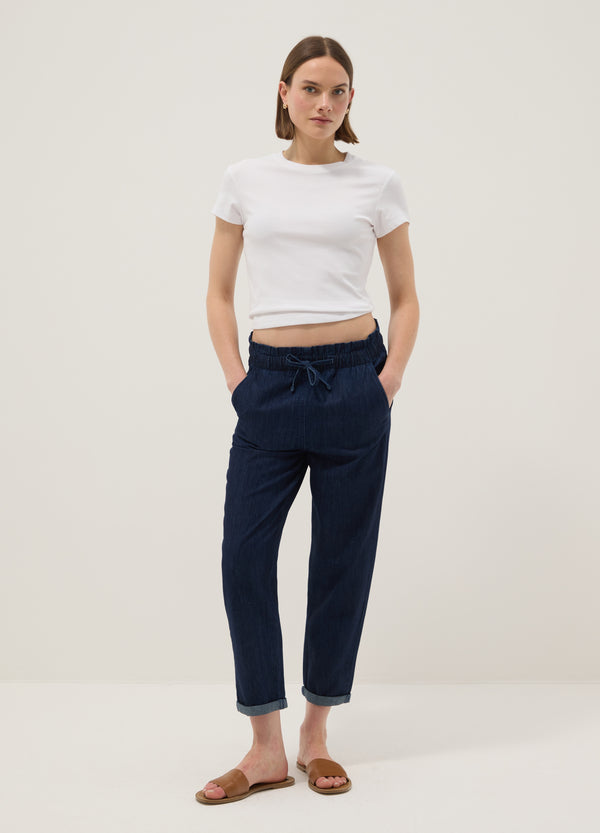 OVS Regular Fit Blue Denim Cotton Paper Bag Trousers