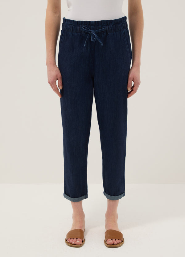 OVS Regular Fit Blue Denim Cotton Paper Bag Trousers