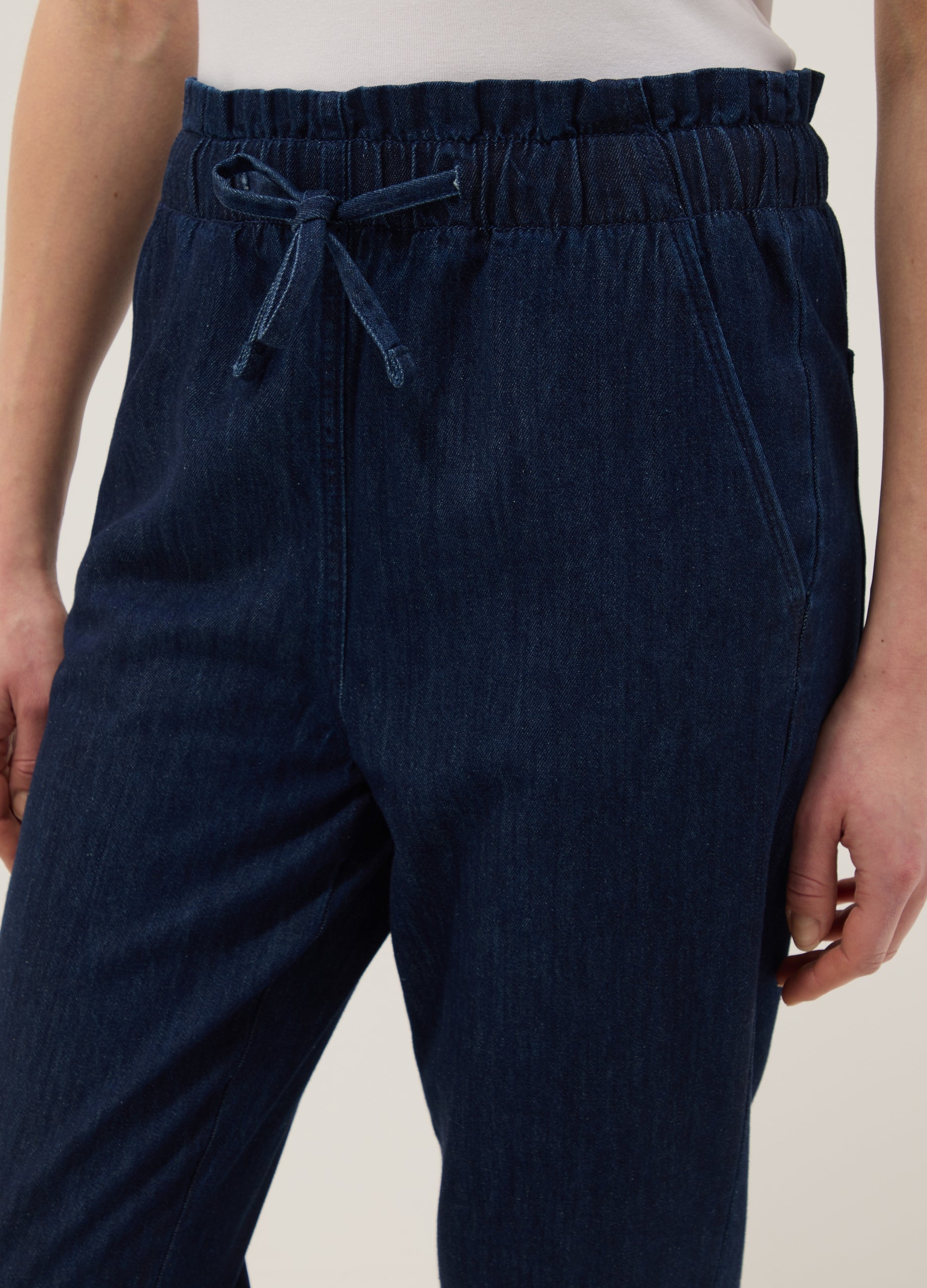 OVS Regular Fit Blue Denim Cotton Paper Bag Trousers
