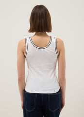 OVS White Stretch Cotton Tank Top With Border Regular Fit