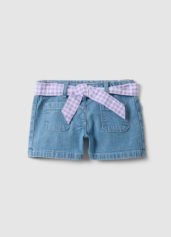 OVS Girls’ Blue Denim Shorts In Stretch Cotton With Gingham Belt