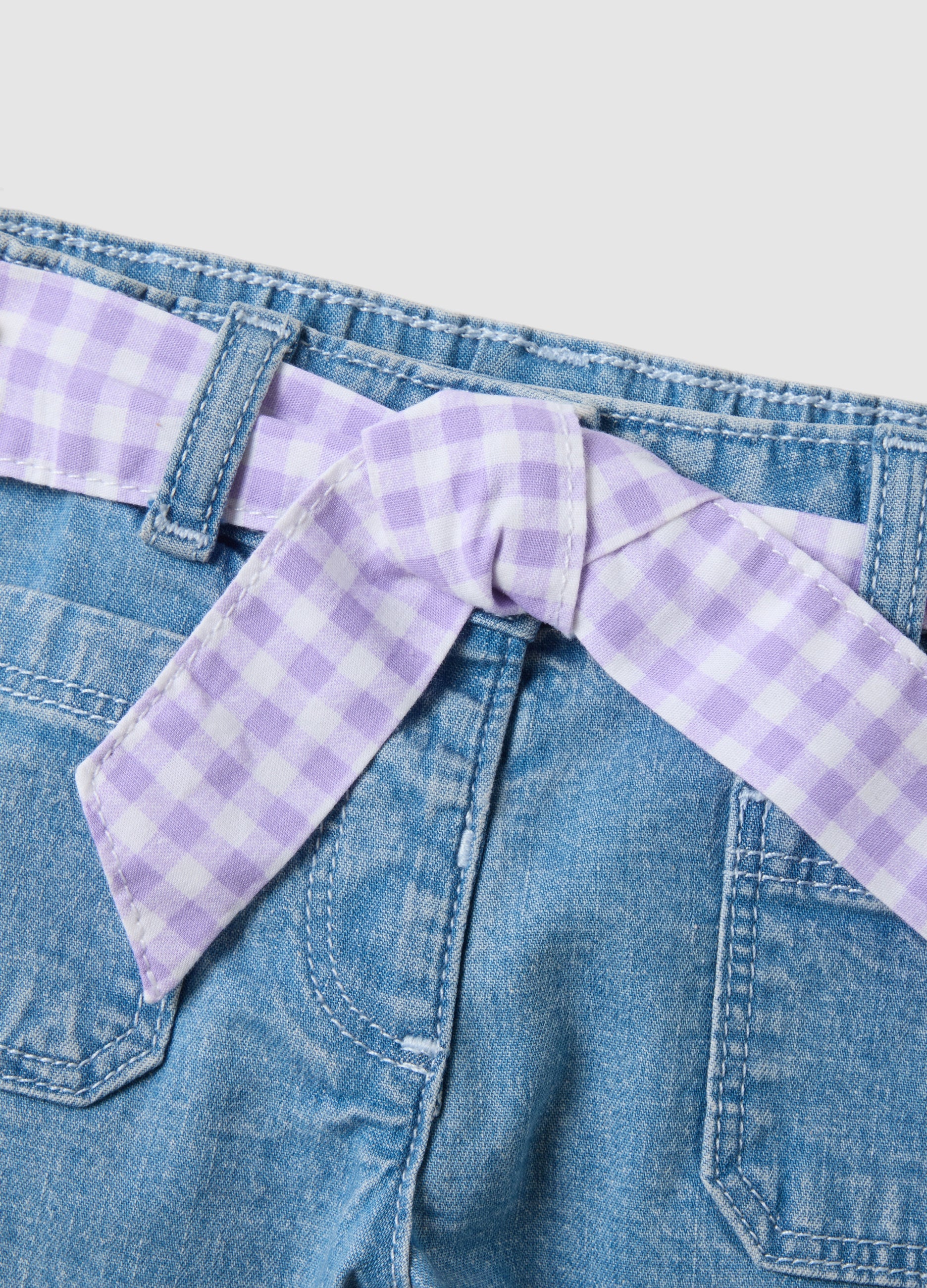 OVS Girls’ Blue Denim Shorts In Stretch Cotton With Gingham Belt