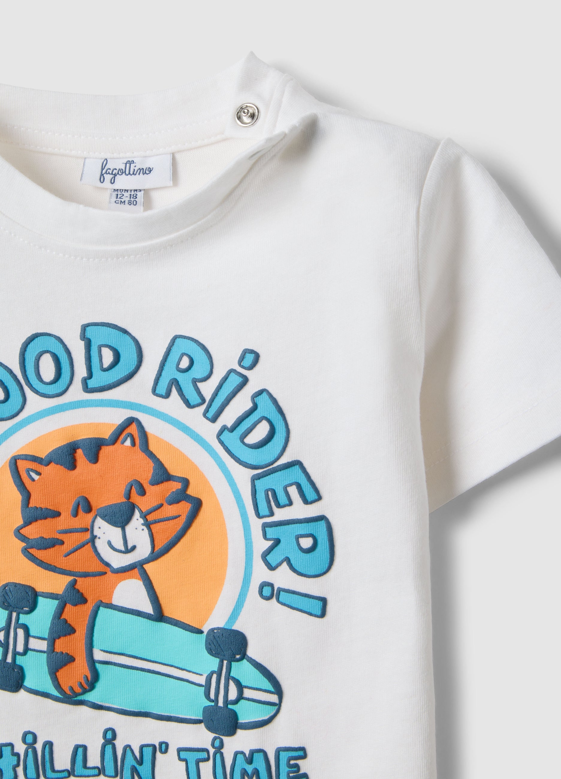 OVS تي شيرت أطفال قطن أبيض سادة بقصة عادية بطبعة Tiger Rider
